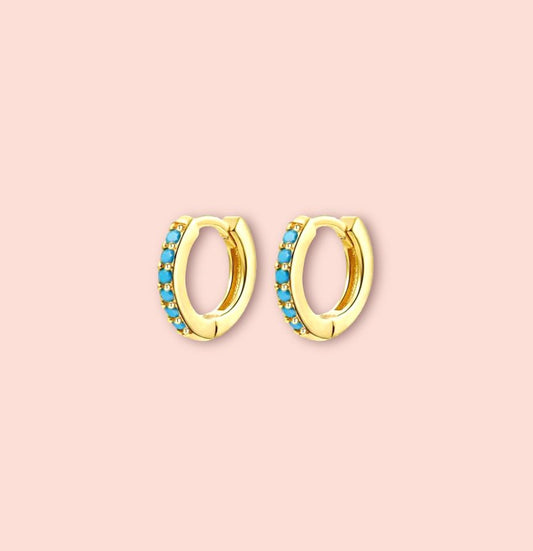 18K Gold Plated Turquoise Blue Stone 11mm Mini Hoop Earrings