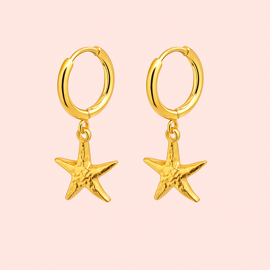 18K Gold Plated Starfish Huggies hoop charm Earrings Ocean beach