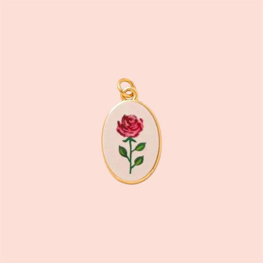 18K Gold Plated Hand Painted Pink & Red Rose Enamel Charm