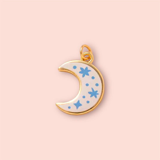 18K Gold Plated Hand painted blue & white Moon & Stars Enamel Charm