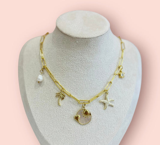18K Gold Plated Costal Beach Charm Paperclip Necklace