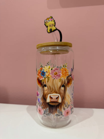 16oz Glass Cup with Bamboo Lid & Glass Straw Reusable Portable Drinkware Cute Design UVDTF Transfer Water Bottles Mug Bamboo Drinkware Bottle Water Bottles Mug Tumbler Portable Reusable Bottled Lid