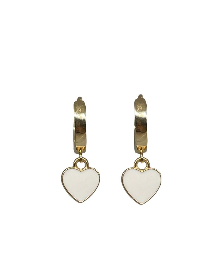 18K Gold Plated Heart Huggies Hoop Earrings - White & Gold