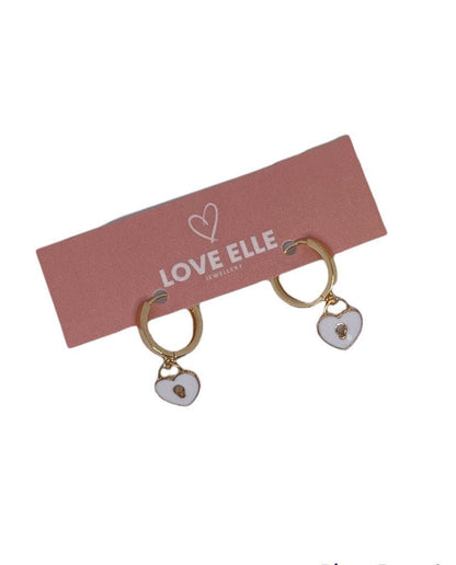 18K Gold Plated Heart Huggies Hoop Earrings - White Padlock charm