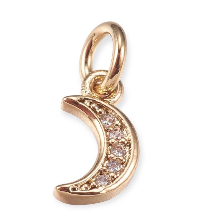 18K Gold Plated Huggies Hoop Earrings with cubic zirconia Moon dangly charm