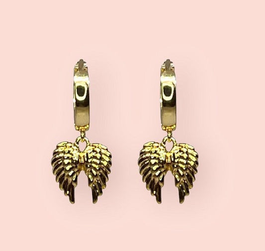 18K Gold Plated Huggies Hoop Angel Wings charm Earrings dangly festive