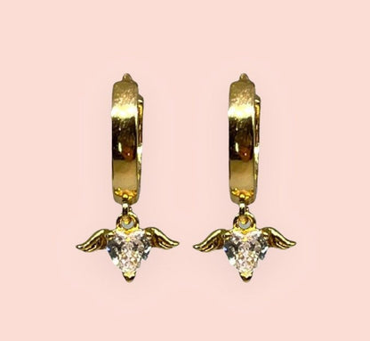 18K Gold Plated Huggies Hoop Heart Wing Cubic Zirconia charm Earrings dangly