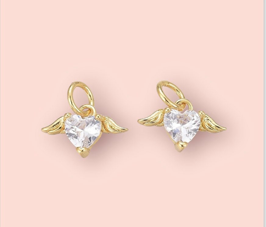 18K Gold Plated Huggies Hoop Heart Wing Cubic Zirconia charm Earrings dangly