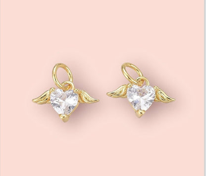 18K Gold Plated Huggies Hoop Heart Wing Cubic Zirconia charm Earrings dangly