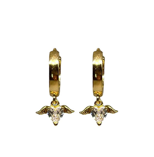 18K Gold Plated Huggies Hoop Heart Wing Cubic Zirconia charm Earrings dangly