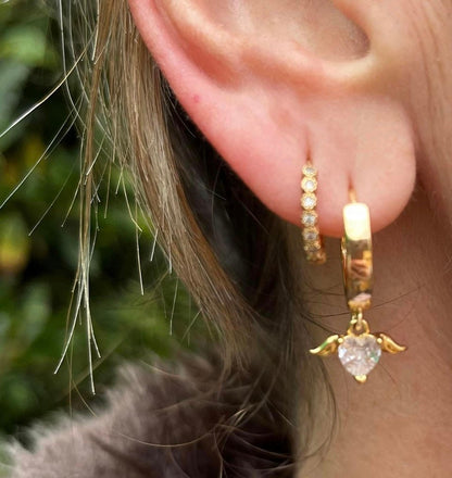 18K Gold Plated Huggies Hoop Heart Wing Cubic Zirconia charm Earrings dangly