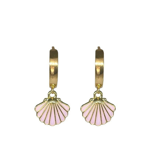 18K Gold Plated Pink Scallop Shell Huggies Hoop Earrings ocean charm