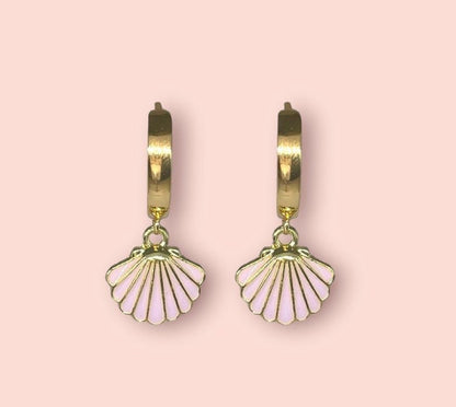 18K Gold Plated Pink Scallop Shell Huggies Hoop Earrings ocean charm