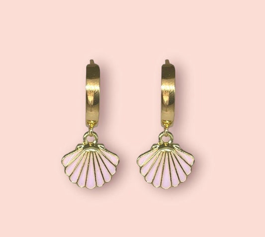 18K Gold Plated Pink Scallop Shell Huggies Hoop Earrings ocean charm