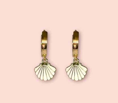 18K Gold Plated White Scallop Shell Huggies Hoop Earrings