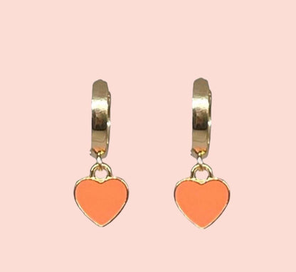 18K Gold Plated Heart Huggies Hoop Earrings - Coral & Gold