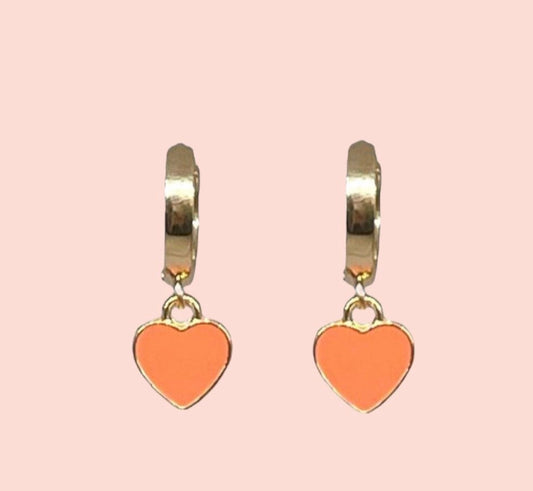 18K Gold Plated Heart Huggies Hoop Earrings - Coral & Gold