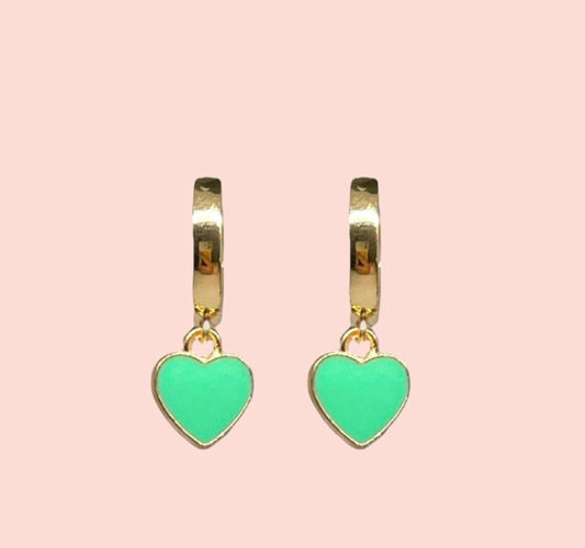18K Gold Plated Heart Huggies Hoop Earrings - Green & Gold