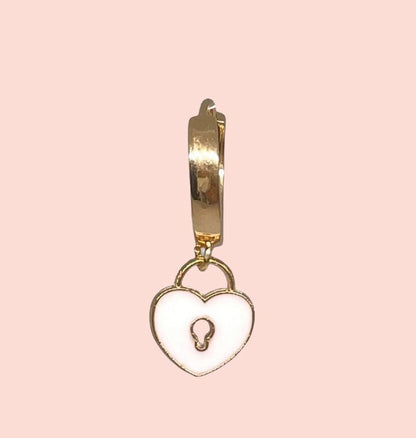 18K Gold Plated Heart Huggies Hoop Earrings - White Padlock charm