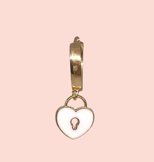 18K Gold Plated Heart Huggies Hoop Earrings - White Padlock charm