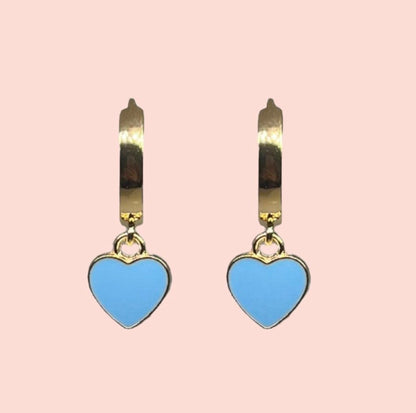 18K Gold Plated Huggies Hoop with powder blue enamel heart charm drop dangly earrings