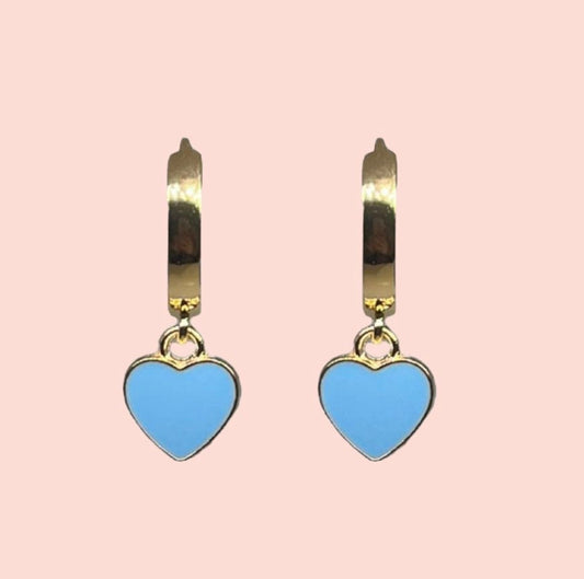 18K Gold Plated Huggies Hoop with powder blue enamel heart charm drop dangly earrings