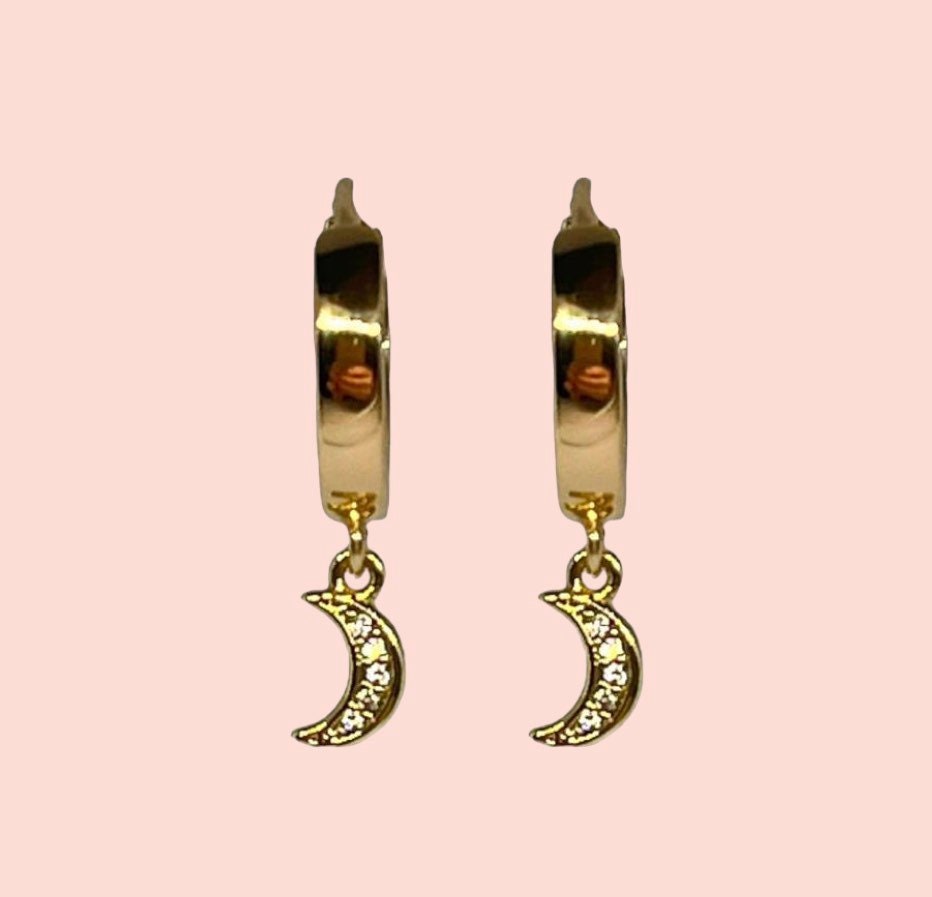 18K Gold Plated Huggies Hoop Earrings with cubic zirconia Moon dangly charm