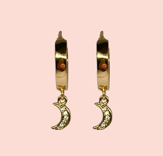 18K Gold Plated Huggies Hoop Earrings with cubic zirconia Moon dangly charm