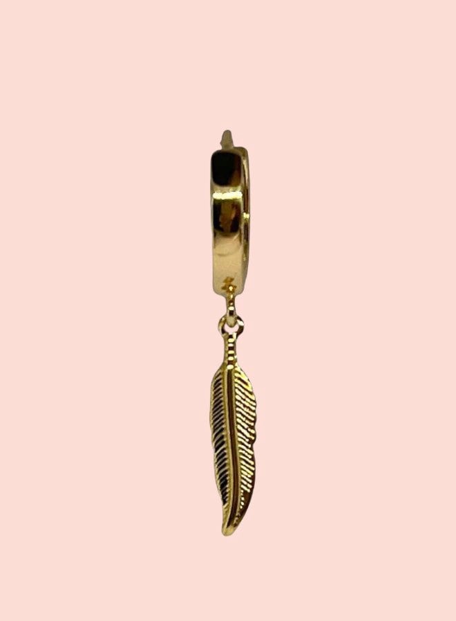 18K Gold Plated Huggies Hoop Feather charm Earrings dangly
