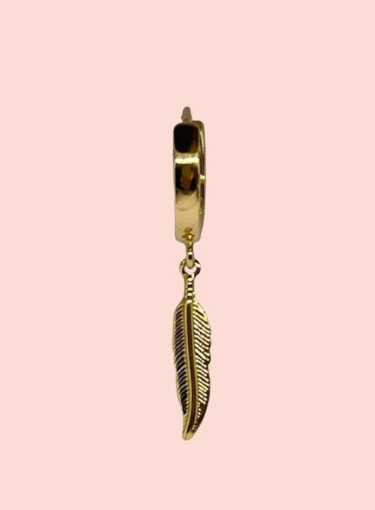 18K Gold Plated Huggies Hoop Feather charm Earrings dangly