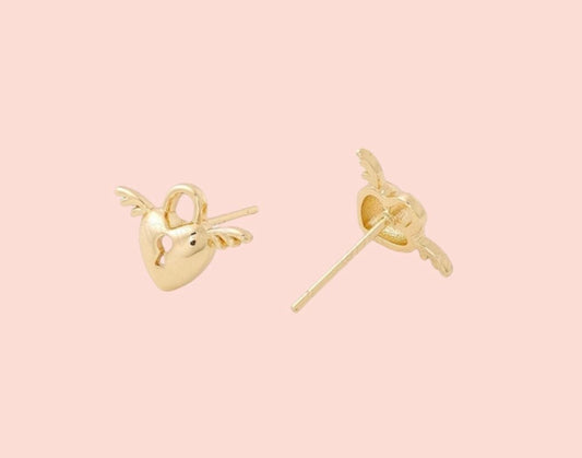 18K Gold Plated Heart Padlock Wings stud earrings
