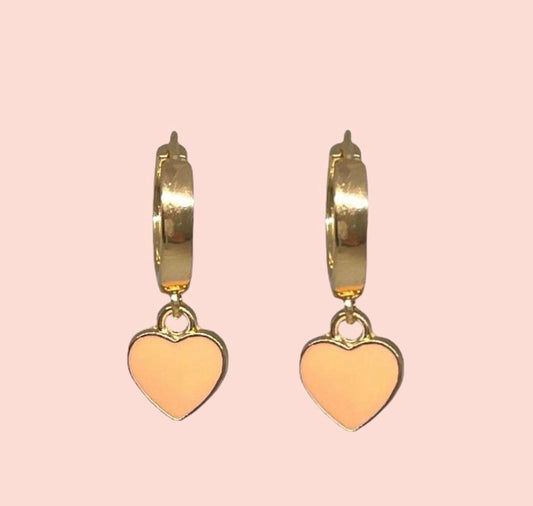 18K Gold Plated Heart Huggies Hoop Earrings - Gold & Peach