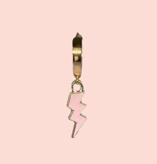 18K Gold Plated Lightning Bolt Huggies Hoop Earrings with baby pink lightning bolt drop charm *More colours available*