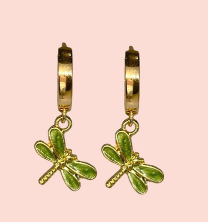 18K Gold Plated Green dragonfly Huggies Hoop Earrings