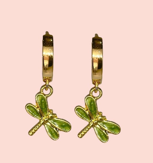 18K Gold Plated Green dragonfly Huggies Hoop Earrings