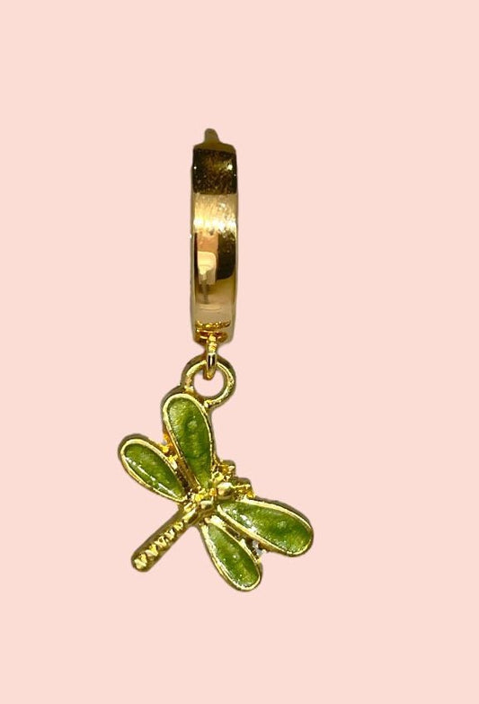 18K Gold Plated Green dragonfly Huggies Hoop Earrings