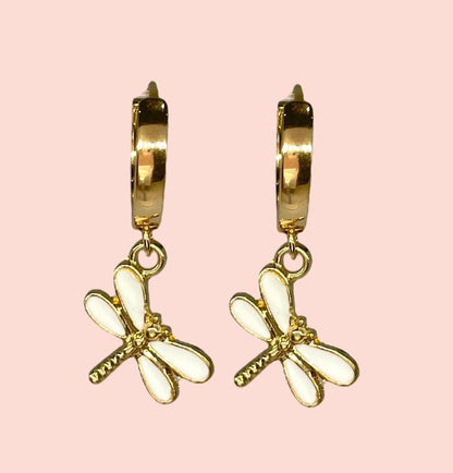 18K Gold Plated White dragonfly Huggies Hoop Earrings
