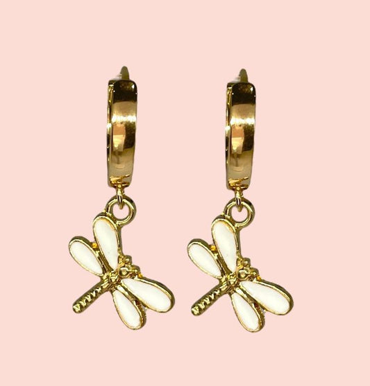 18K Gold Plated White dragonfly Huggies Hoop Earrings