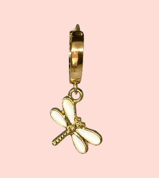 18K Gold Plated White dragonfly Huggies Hoop Earrings