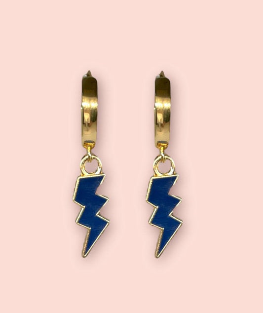 18K Gold Plated Lightning Bolt Huggies Hoop Earrings with Navy blue lightning bolt drop charm *More colours available*
