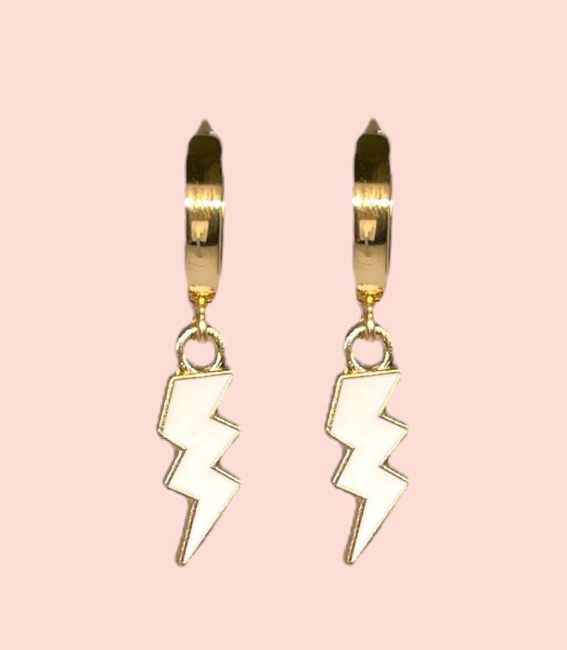 18K Gold Plated Lightning Bolt Huggies Hoop Earrings with White lightning bolt drop charm *More colours available*