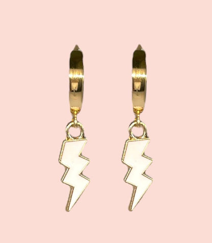 18K Gold Plated Lightning Bolt Huggies Hoop Earrings with White lightning bolt drop charm *More colours available*