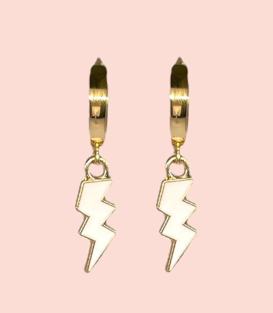 18K Gold Plated Lightning Bolt Huggies Hoop Earrings with White lightning bolt drop charm *More colours available*
