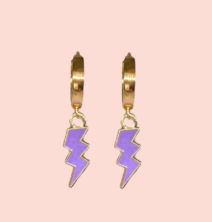 18K Gold Plated Lightning Bolt Huggies Hoop Earrings with Purple lightning bolt drop charm *More colours available*