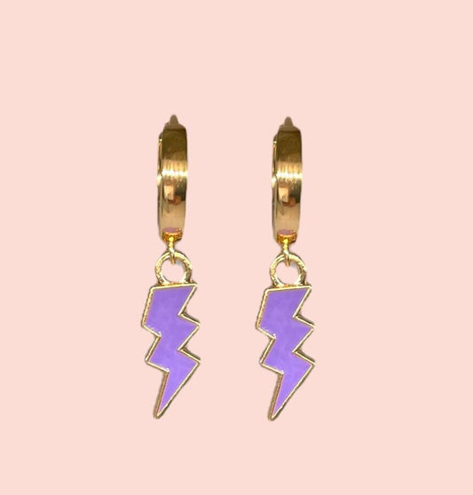 18K Gold Plated Lightning Bolt Huggies Hoop Earrings with Purple lightning bolt drop charm *More colours available*
