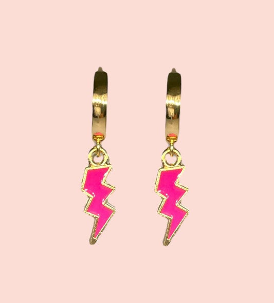 18K Gold Plated Lightning Bolt Huggies Hoop Earrings with Hot Pink lightning bolt drop charm *More colours available*