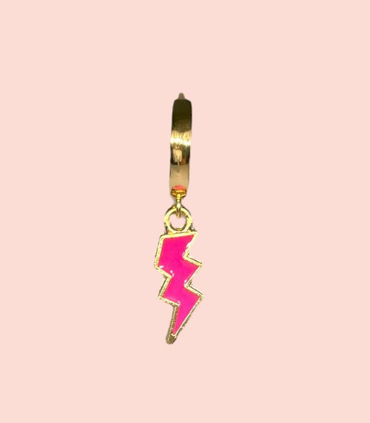 18K Gold Plated Lightning Bolt Huggies Hoop Earrings with Hot Pink lightning bolt drop charm *More colours available*