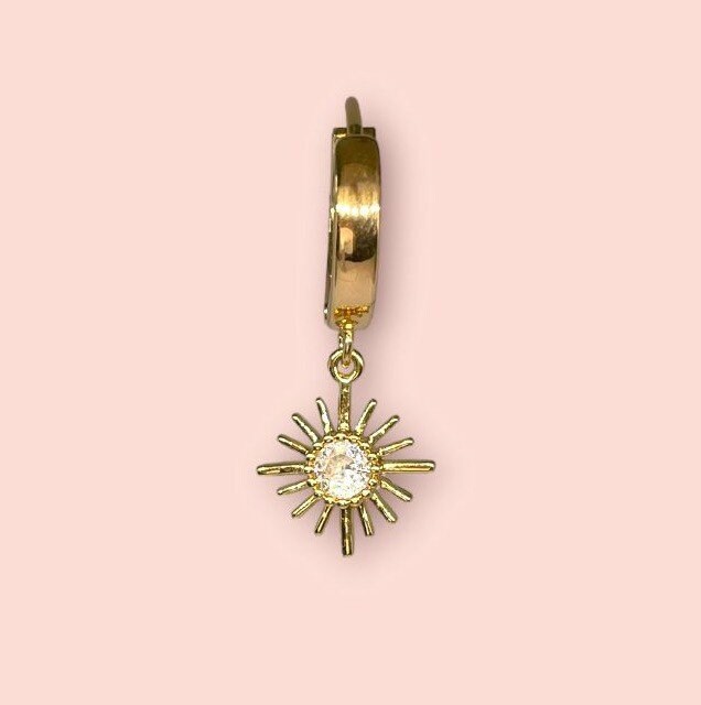 18K Gold Plated Huggies Hoop Sunburst star flower charm Earrings dangly