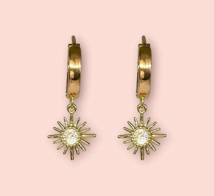 18K Gold Plated Huggies Hoop Sunburst star flower charm Earrings dangly