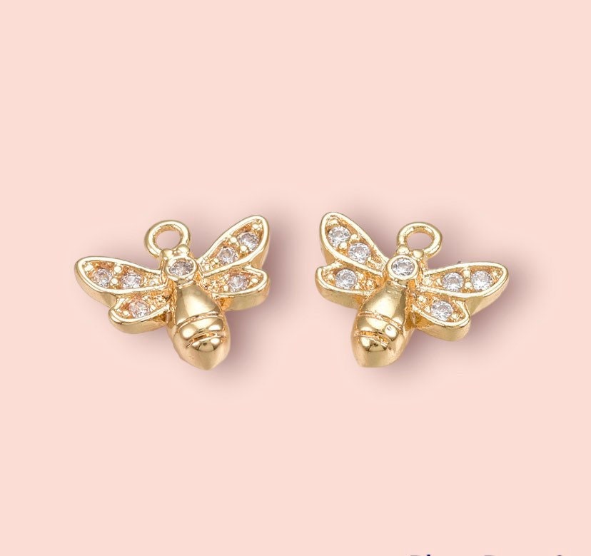 18K Gold Plated Bee Charm Huggies Hoop Cubic Zirconia Earrings dangly